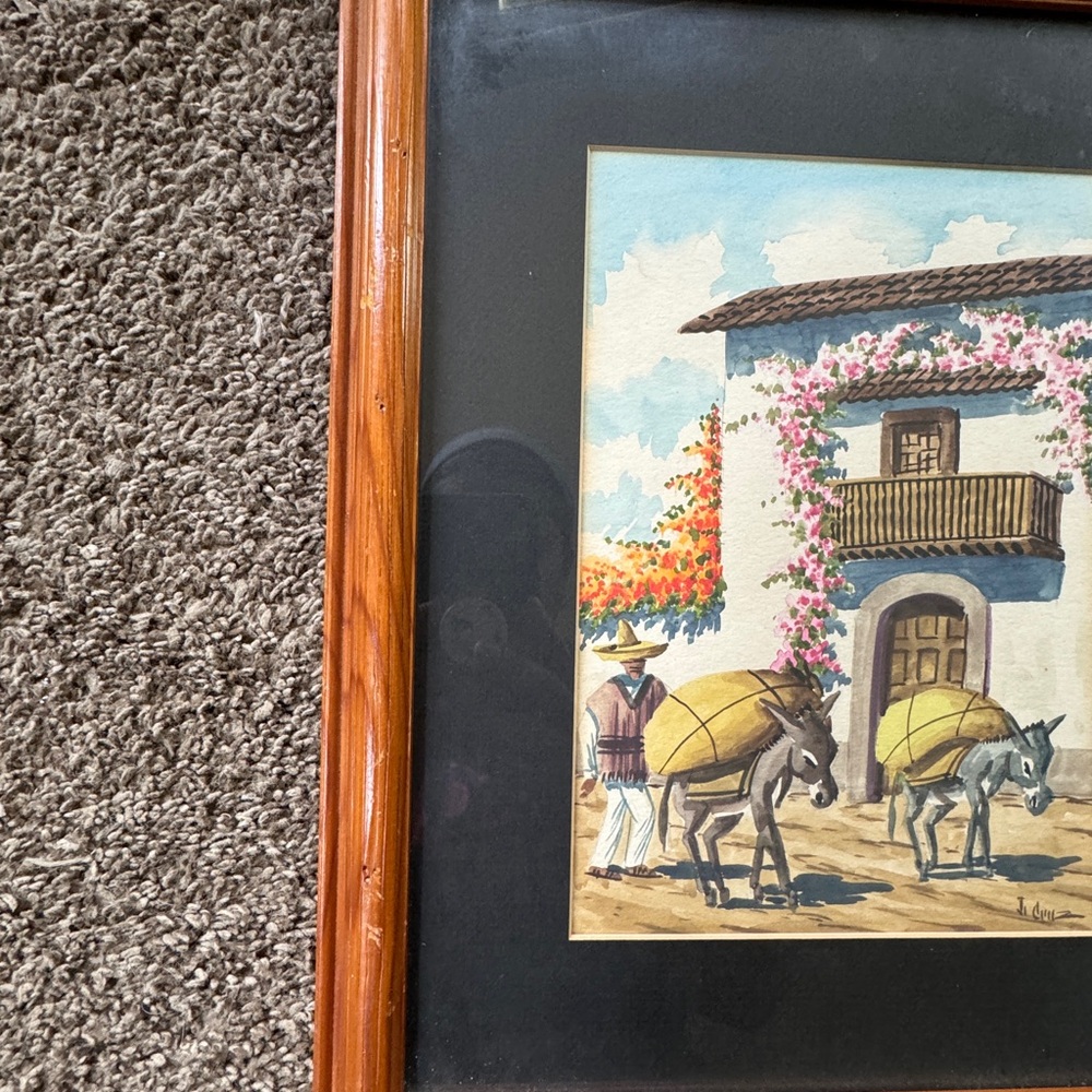 Vintage Framed Watercolor Mexican Villager with Donkeys by J. Cruz - Picture 5 of 7
